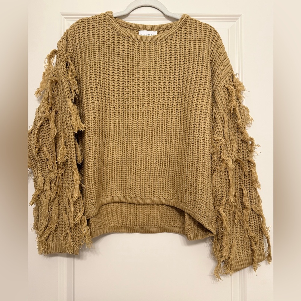 NWT Hayden Tan Fringe Sleeve Chunky Knit Sweater -M/L - Picture 3 of 10